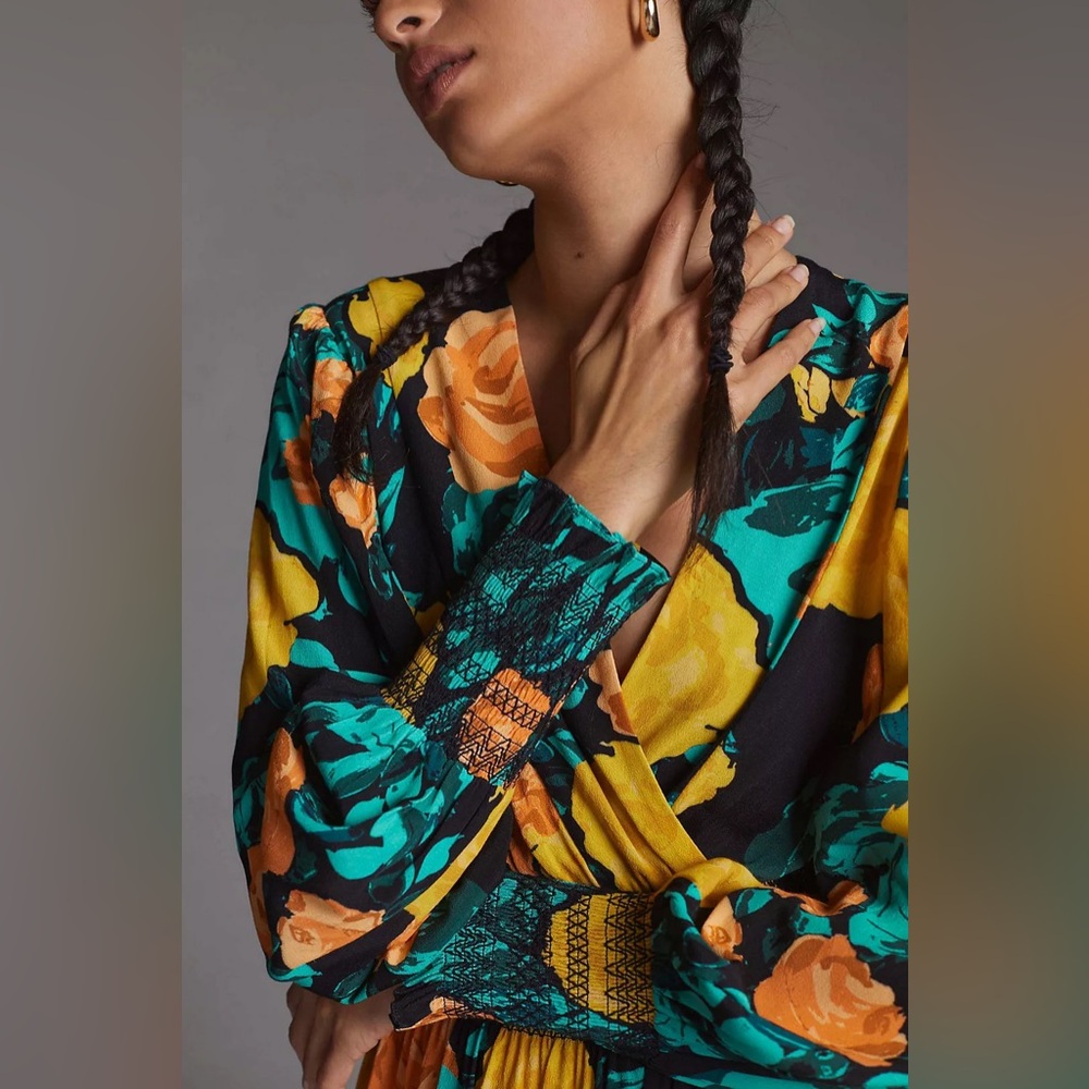 Anthropologie Floral Tie Back Midi Dress Green Long Sleeve V-Neck - Picture 9 of 9